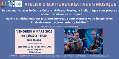 Image de l'événement Aterlier d'écriture créative en musique à la bibliothèque de Chât...