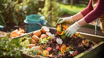Person composting food waste in backyard compost bin garden. ai generative