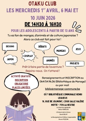 Image de l'événement OTAKU CLUB - Mangas, animés et culture japonaise - Manage