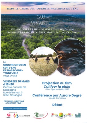 Image de l'événement Journées wallonnes de l'eau | Soirée-débat: Eau vivante, de nos sols et de nos nappes jusqu'à nos robinets et nos rivières, nous pouvons agir - Nassogne