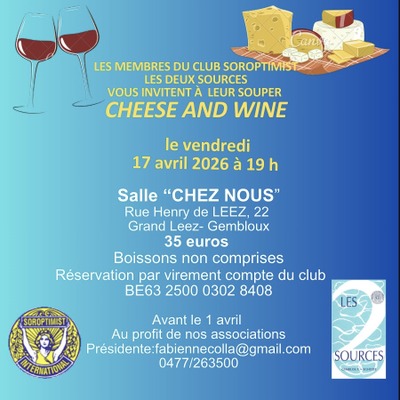 Image de l'événement Souper  "Cheese and Wine" du Club Soroptimist Les Deux Sources Ge...