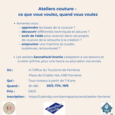 Image de l'événement Atelier couture libre à l'Office du Tourisme - Ferrières