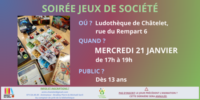 Image de l'événement Soirée jeux de société à la ludothèque de Châtelet