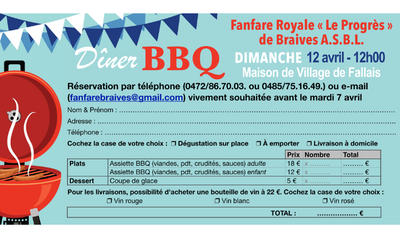 Image de l'événement Dîner BBQ de la Fanfare Royale "Le Progrès" de Braives - Fallais
