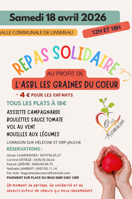 Image de l'événement Repas au profit de l'asbl Les Graines du Coeur - Hélécine